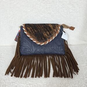 Handcrafted Mexican Blue Embossed Tooled Leather & Cowhide Fringe Crossbody